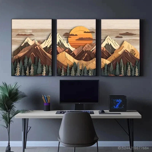 3pcs Sunset Snow Capped Peaks Pine Forests Wall Art Set Canvas Framed 40x60cm - High Quality Print 100% Australian Made Wall Canvas Ready to Hang