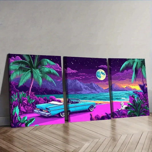 3pcs  Vibrant Tropical Miami Beach  Wall Art Set Canvas Framed 40x60cm - High Quality Print 100% Australian Made Wall Canvas Ready to Hang