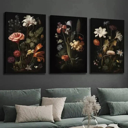 3pcs Dark Botanical Gallery Decor Wall Art Set Canvas Framed 40x60cm - High Quality Print 100% Australian Made Wall Canvas Ready to Hang