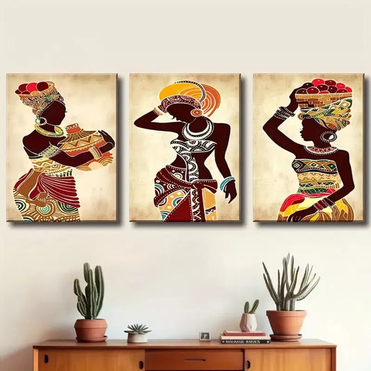 3pcs Vibrant Color African Women's painting  Wall Art Set Canvas Framed 40x60cm - High Quality Print 100% Australian Made Wall Canvas Ready to Hang