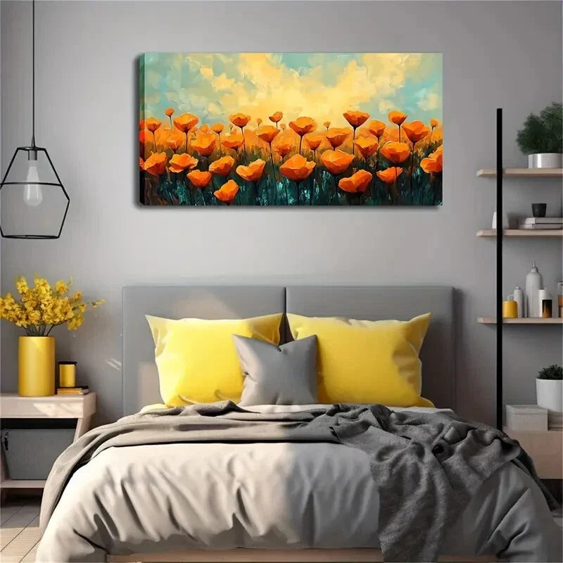 Orange Flowers on Turquoise Wall Art Canvas Office Home Room Framed 120x60cm