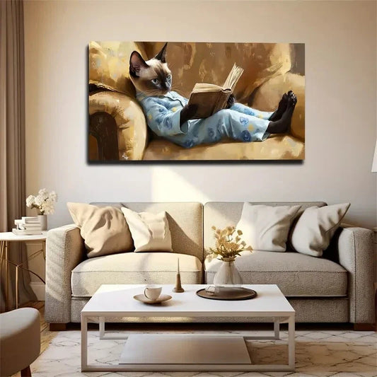 Siam Cat Pajamas Reading Book Wall Art Canvas Office Home Room Framed 120x60cm