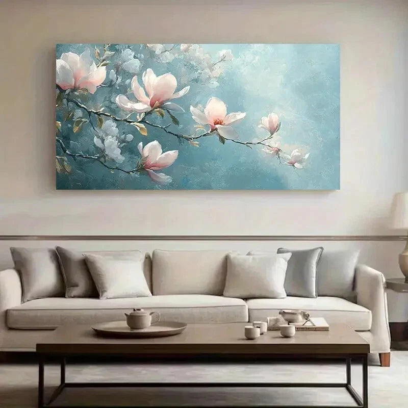 Soft Blue & Pink Flowers wall canvas office home room framed 120x60cm