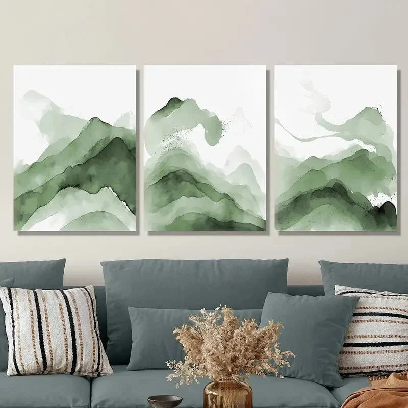 3pcs Abstract Green Mountain Watercolor  Metal Print Ready to Hang Art
