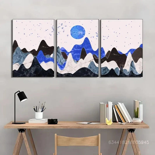 3pcs Dark starry sky, Golden moon, Golden distant Metal Print Ready to Hang Art