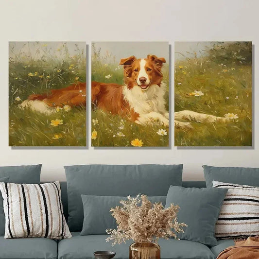 3pcs Sheepdog Portrait in Flower Field, Metal Print Ready to Hang Art