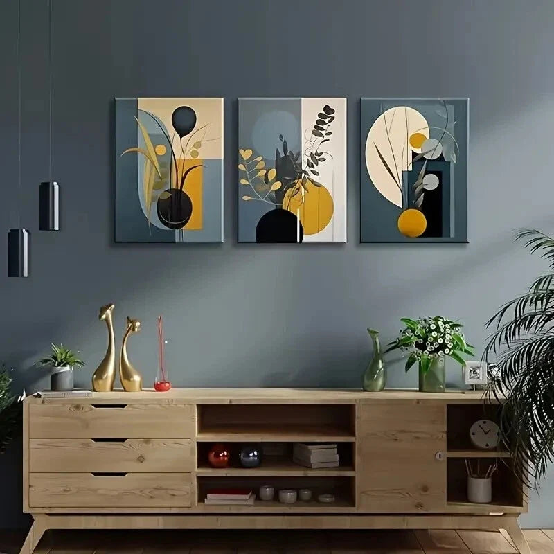 3pcs Boho Chic Geometric & Eucalyptus Leaf , Metal Print Ready to Hang Art