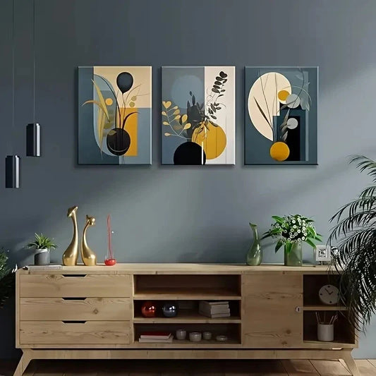 3pcs Boho Chic Geometric & Eucalyptus Leaf , Metal Print Ready to Hang Art