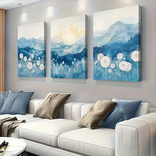 3pcs Blue White Mountain and Dandelion Field Wall Art Set Canvas Framed 40x60cm - High Quality Print 100% Australian Made Wall Canvas Ready to Hang