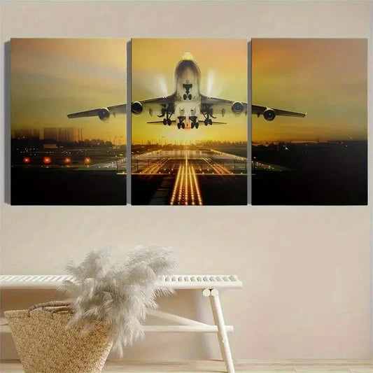 3pcs airplane runway takeoff  Metal Print Ready to Hang Art