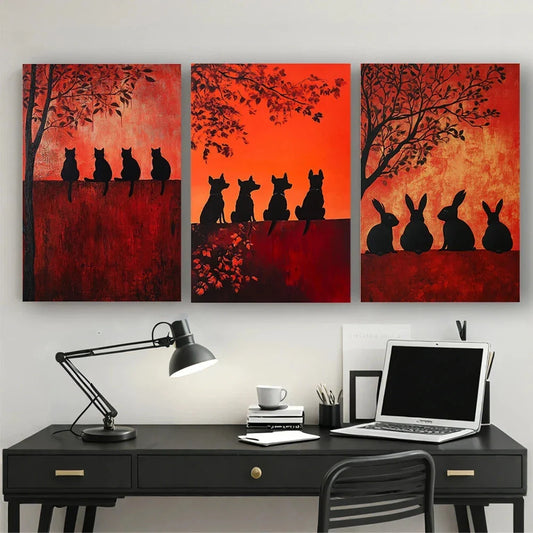 3pcs Abstract Small Animals Red Themed Luxurious Metal Print Ready to Hang Art
