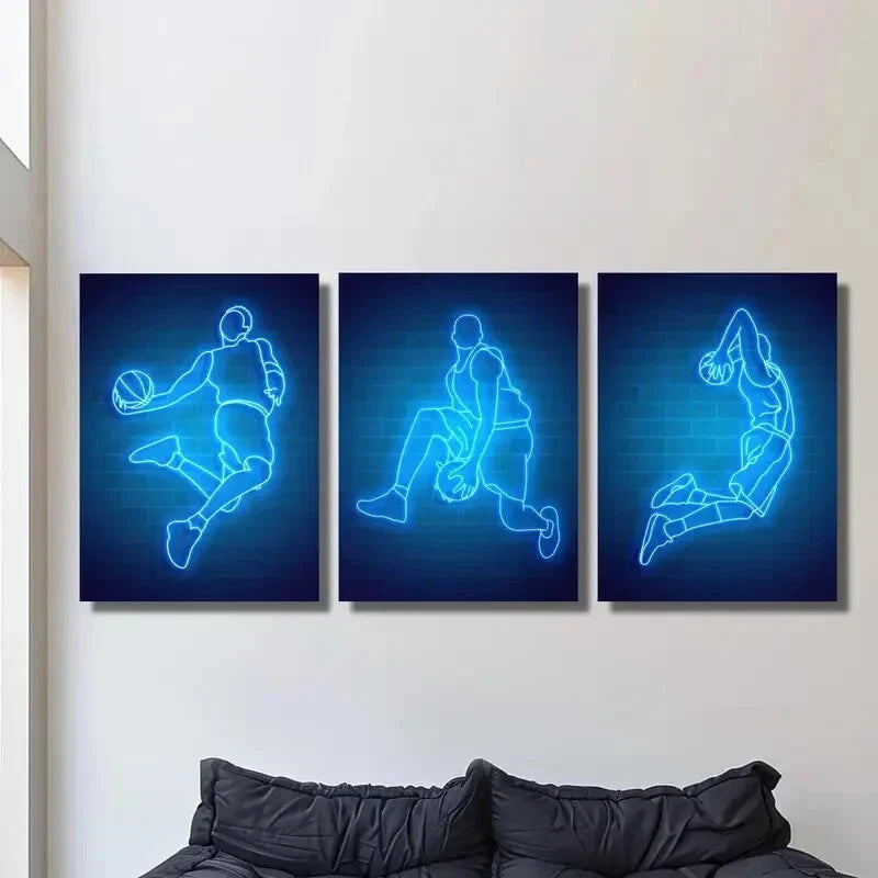 3pcs Neon Basketball Art, Sports Metal Print Ready to Hang Art