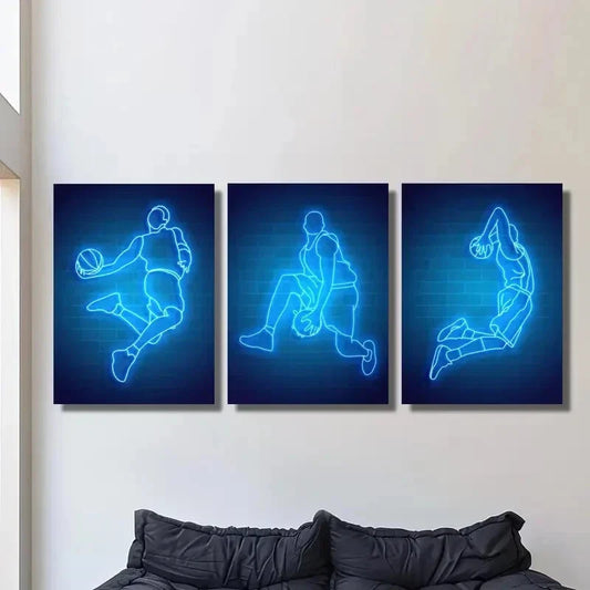 3pcs Neon Basketball Art, Sports Metal Print Ready to Hang Art