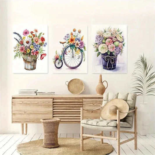 3pcs Bicycle and Floral Watercolor Metal Print Ready to Hang Art