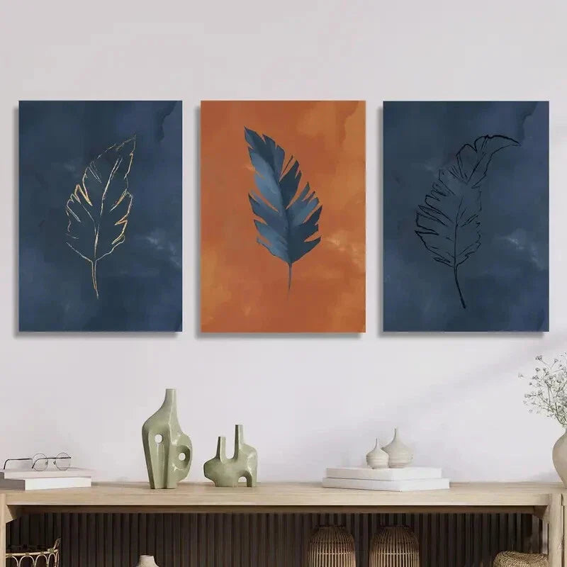 3pcs Blue and orange feather print Metal Print Ready to Hang Art