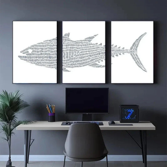3pcs Minimalist Black & White Underwater Shark Metal Print Ready to Hang Art