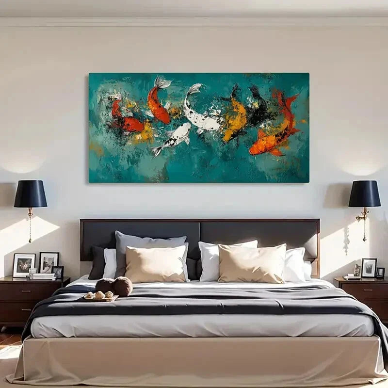 Vibrant Koi Fish Design Ocean Wall Art Canvas Office Home Room Framed 80x45cm