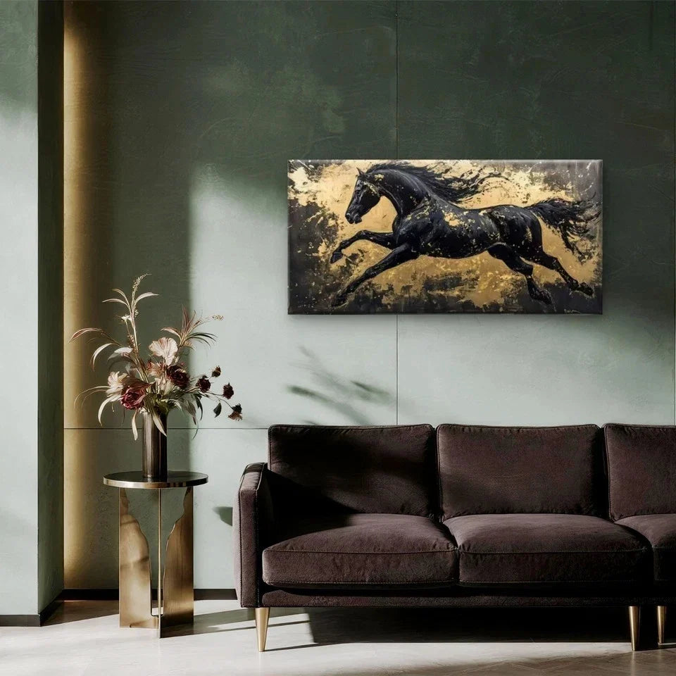 Abstract Horse Black, Golden Wall Art Canvas Office Home Room Framed 80x45cm
