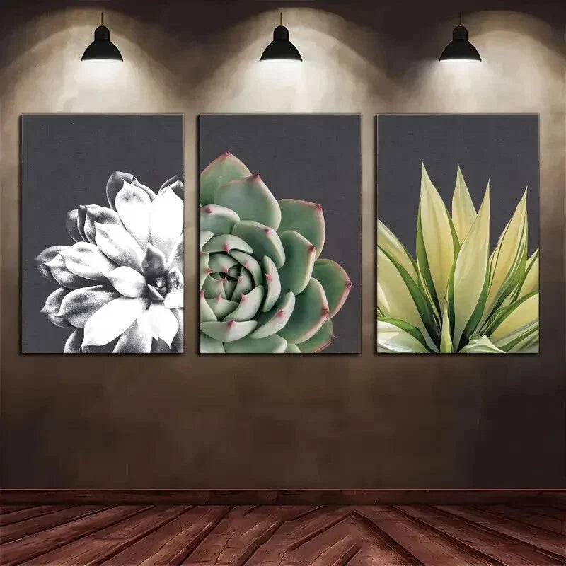 3pcs Black & White and Green Succulent & Leaves Metal Print Ready to Hang Art
