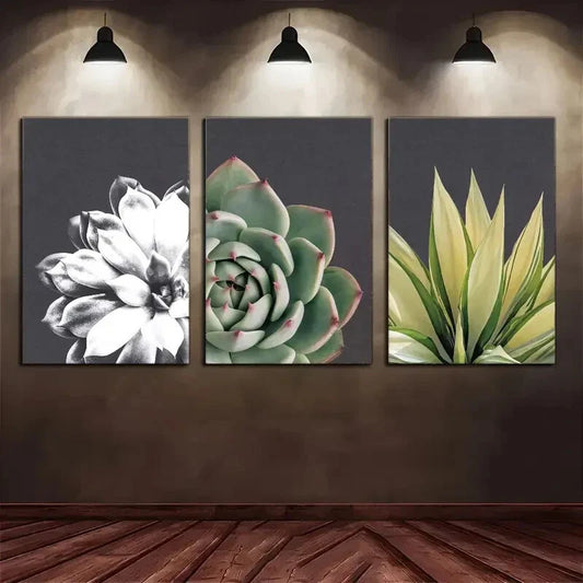 3pcs Black & White and Green Succulent & Leaves Metal Print Ready to Hang Art