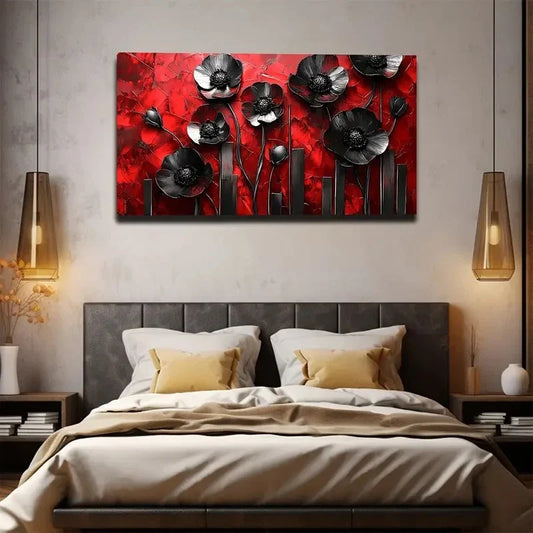 Vibrant Red Flowers with Black Wall Art canvas office home room framed 120x60cm