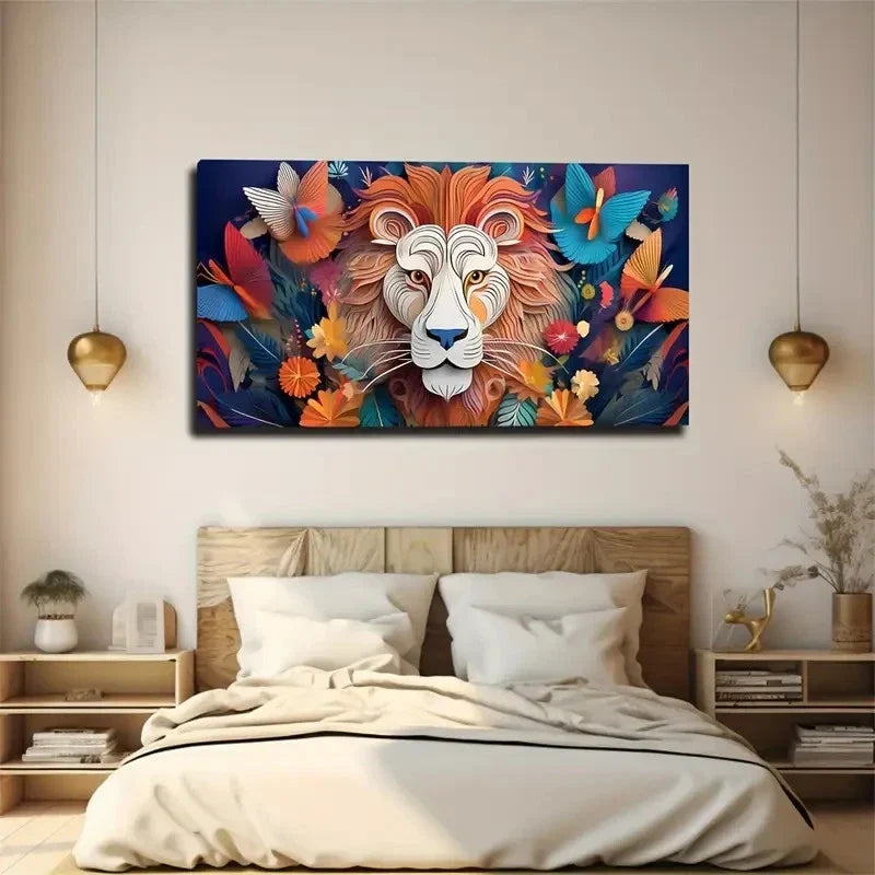 Vibrant Abstract Lion Wall Art Canvas Office Home Room Framed 80x45cm