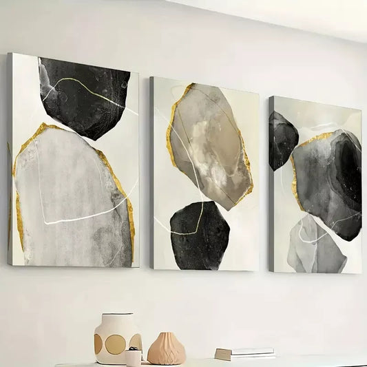 3pcs   Featuring Abstract Modern Stone Gold Black Wall Art Set Canvas Framed 40x60cm - High Quality Print 100% Australian Made Wall Canvas Ready to Hang