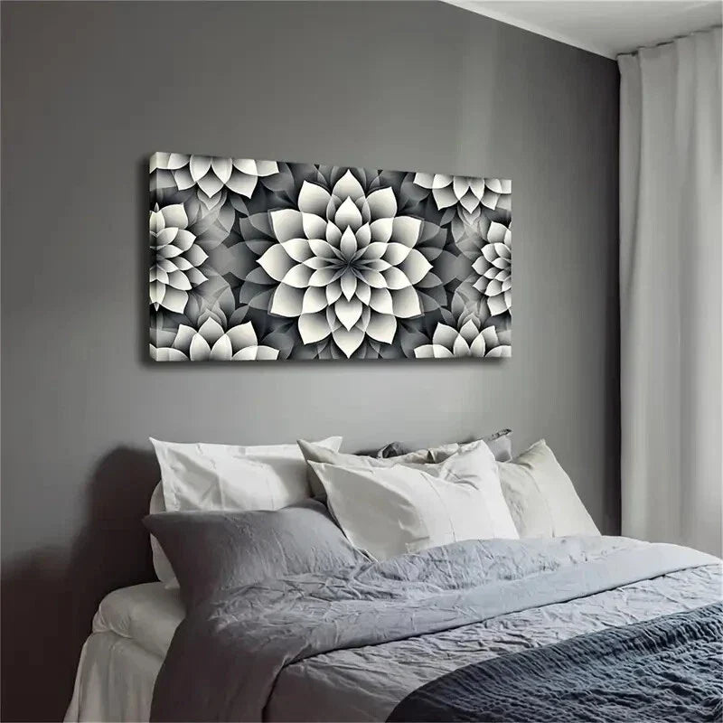Geometric Floral Pattern Black Wall Art Canvas Office Home Room Framed 120x60cm