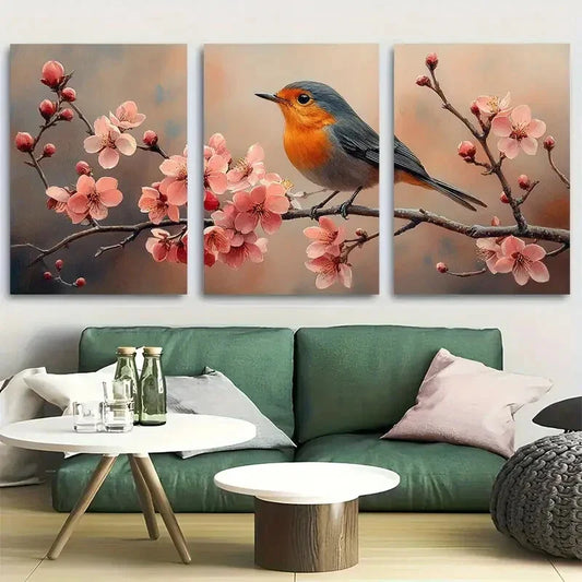 3pcs Robin Painting Apple Blossom Flowers Metal Print Ready to Hang Art