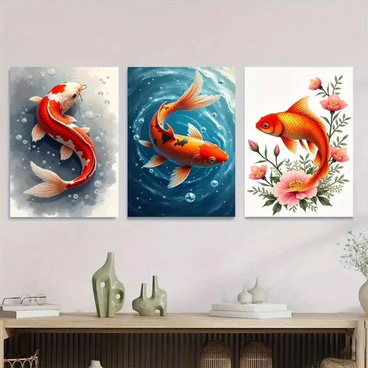 3pcs Vibrant Orange & White Koi with Lotus Flower Metal Print Ready to Hang Art