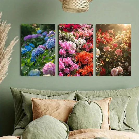 3pcs Vibrant Hydrangea & Rose Garden Metal Print Ready to Hang Art