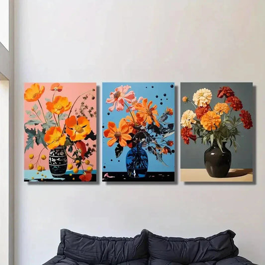 3pcs Botanical flowers, vase, minimalism Metal Print Ready to Hang Art