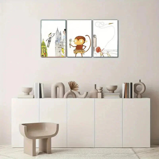 3pcs Castle Monkey Abstract Art Style Watercolor Metal Print Ready to Hang Art