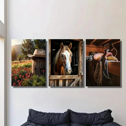3pcs Western legend cowboy hat, saddle horse Metal Print Ready to Hang Art