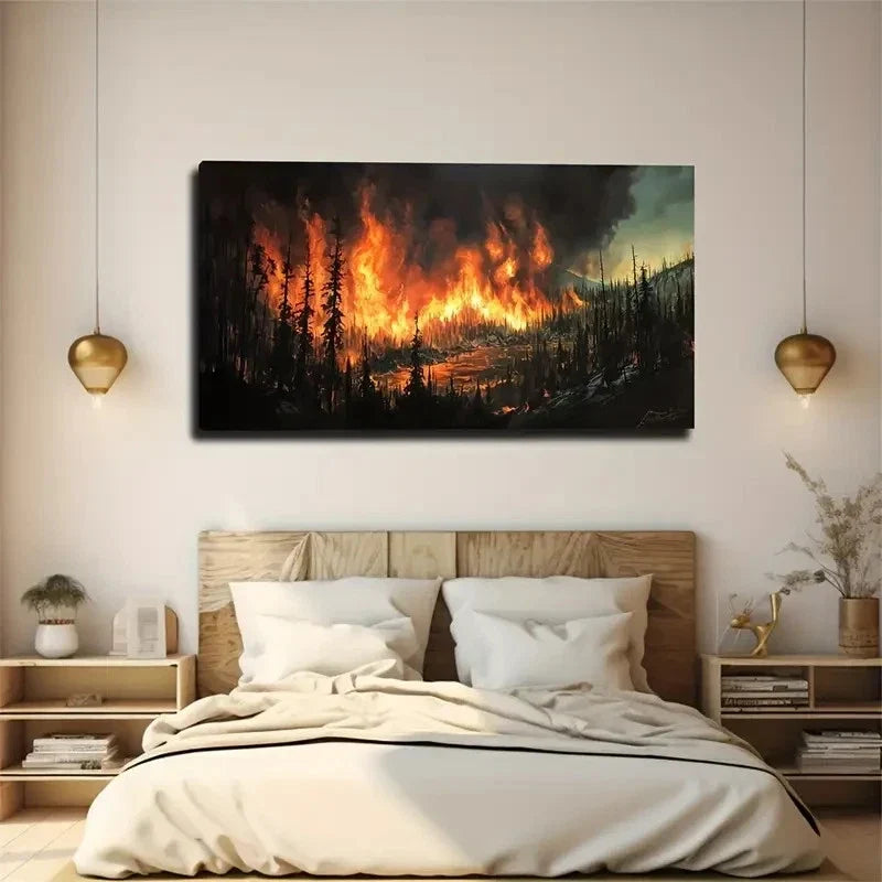 Wildfire Forest Smoke Vibrant Wall Acrt Canvas Office Home Room Framed 120x60cm