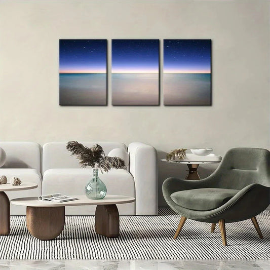 3pcs Sea View at Night Painting Metal Print Ready to Hang Art