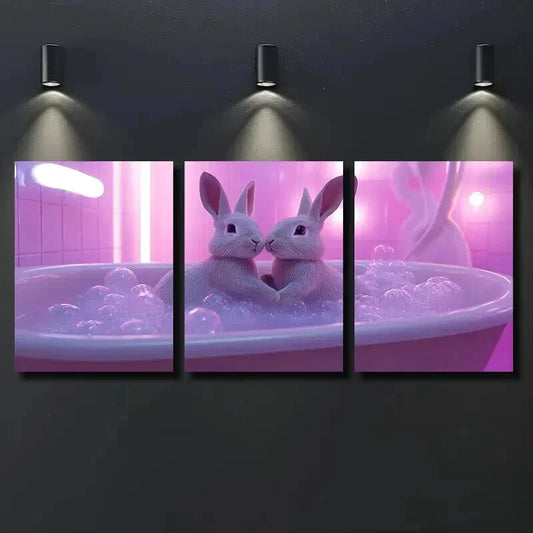 3pcs Charming Rabbits in Bathtub Wall Art Set Canvas Framed 40x60cm - High Quality Print 100% Australian Made Wall Canvas Ready to Hang