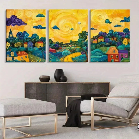 3pcs Swirling Clouds & Bright Sun Vibrant Lands Wall Art Set Canvas Framed 40x60cm - High Quality Print 100% Australian Made Wall Canvas Ready to Hang