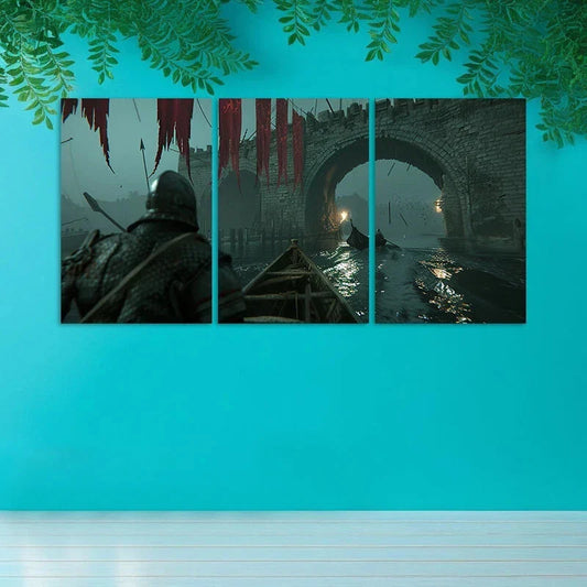 3pcs Medieval River Scene Artistic Metal Print Ready to Hang Art