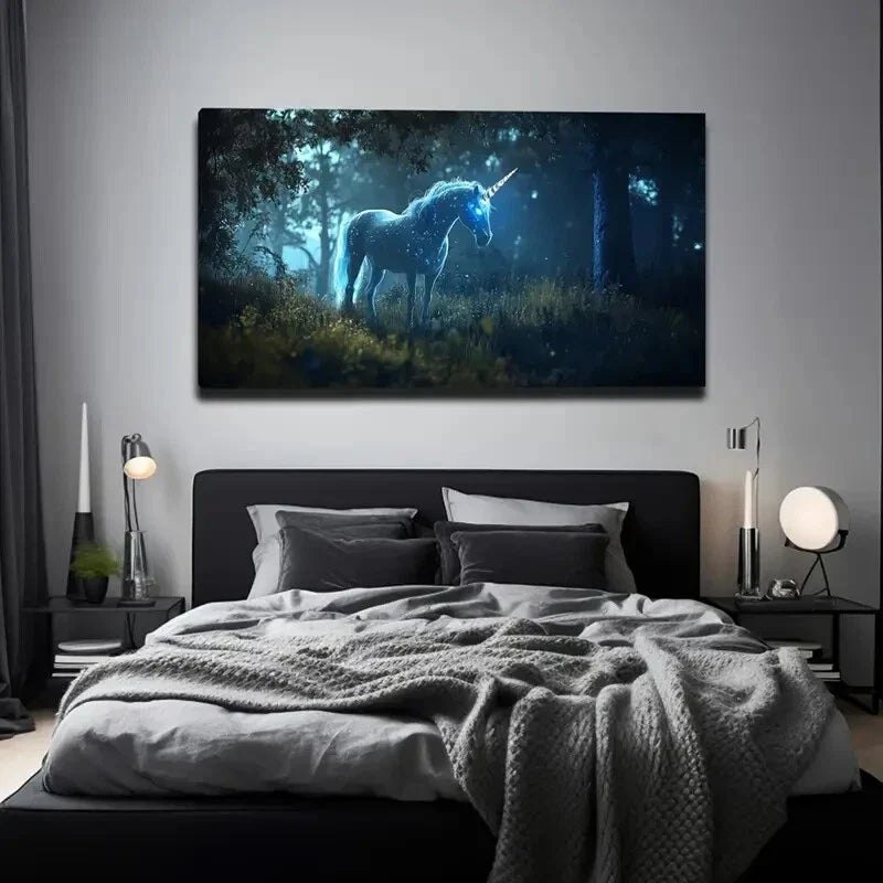 Blue Glowing Unicorn in Forest Wall Art Canvas Office Home Room Framed 120x60cm