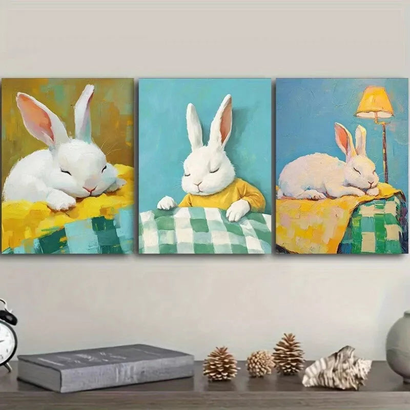 3pcs  Featuring Rabbits In A Table  Wall Art Set Canvas Framed 40x60cm - High Quality Print 100% Australian Made Wall Canvas Ready to Hang