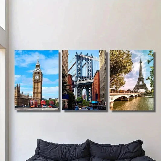 3pcs The UK, Manhattan Bridge Metal Print Ready to Hang Art