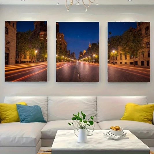 3pcs Long Exposure Night City Street Metal Print Ready to Hang Art