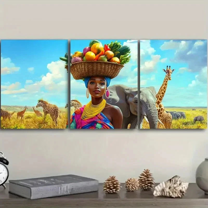 3pcs Fruit on the heads of African beauties Wall Art Set Canvas Framed 40x60cm - High Quality Print 100% Australian Made Wall Canvas Ready to Hang