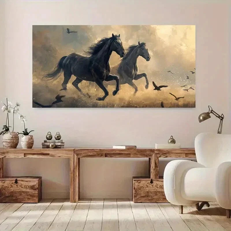 Galloping Horses & Birds Wall Art Canvas Office Home Room Framed 120x60cm