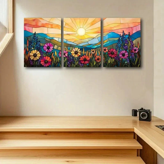 3pcs Sun, Mountain, and Florals view Design Metal Print Ready to Hang Art