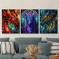 3pcs Stained Glass Dragon Design, Fantasy Metal Print Ready to Hang Art