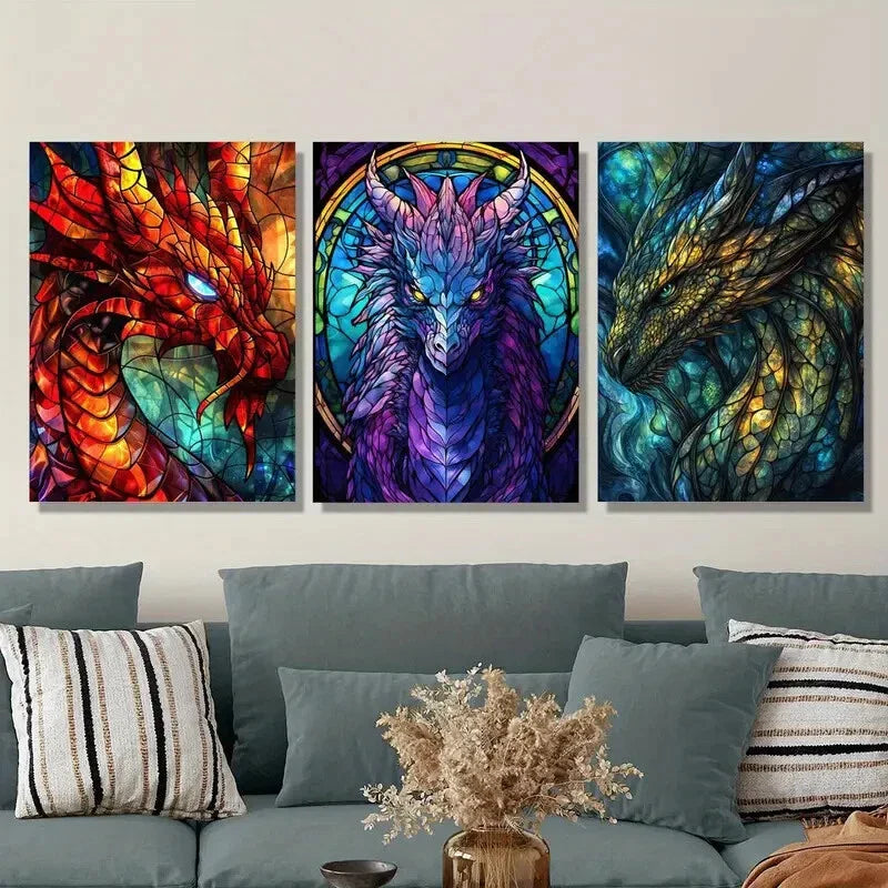 3pcs Stained Glass Dragon Design, Fantasy Metal Print Ready to Hang Art