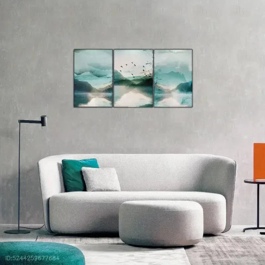 3pcs Blue Green Watercolor Style Abstract Mural Metal Print Ready to Hang Art