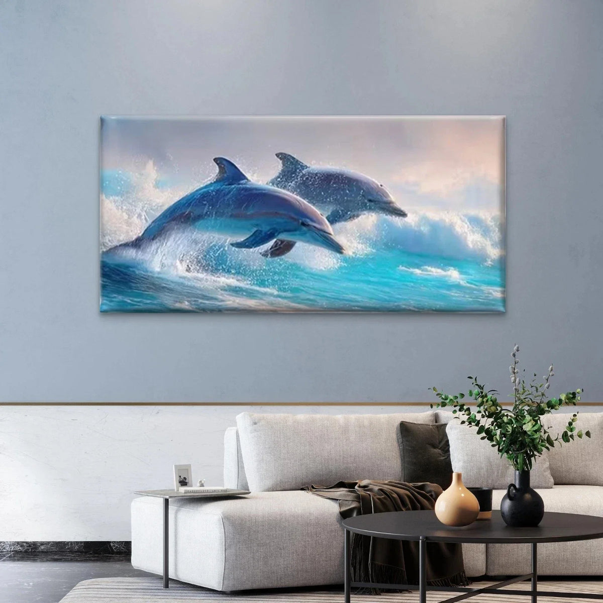 Dolphins in Ocean Waves Wall Art Canvas Office Home Room Framed 80x45cm